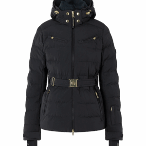 Schwarze Pufferjacke mit Gürtel und goldenen Reißverschlüssen, inspiriert vom Ötztaler Stil, Vorderansicht.