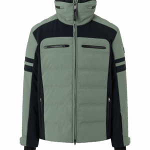 Grün-schwarz wattierte Ötztaler Winterjacke mit Reißverschlusstaschen und hohem Kragen.