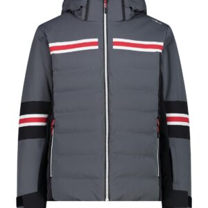 Graue Ötztaler Pufferjacke mit rot-weiß-schwarzem Streifen, Frontreißverschluss.