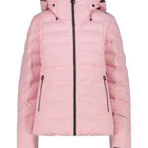 Hellrosa Ötztaler Pufferjacke mit schwarzen Reißverschlüssen und einer Kapuze, abgebildet auf weißem Hintergrund.