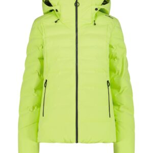 Neongelbe Ötztaler Kapuzen-Pufferjacke mit schwarzem Reißverschluss und Taschenakzenten, Vorderansicht.