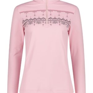 Hellrosa langärmeliger Ötztaler Pullover mit halbem Reißverschluss und gemusterten Details auf der Brust.