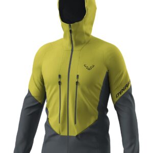 Eine zweifarbige gelb-graue Ötztaler Kapuzenjacke mit Reißverschlusstaschen und Brustlogo.