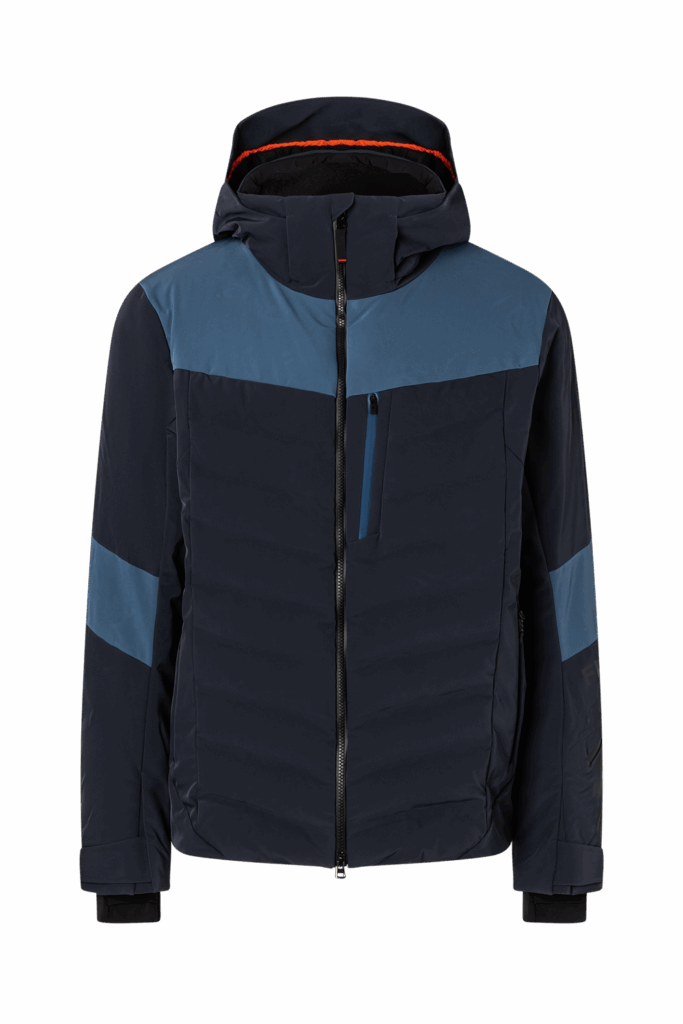 Marineblaue Ötztaler Kapuzenjacke mit hellblauen Akzenten und einem Frontreißverschluss, auf weißem Grund.