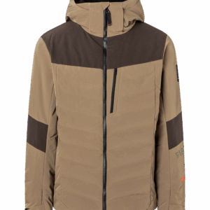 Hellbraune Ötztaler Kapuzenjacke mit schwarzem Reißverschluss und Brusttasche, von vorne gesehen.