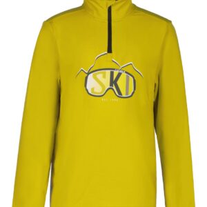 Gelber Langarmpullover mit SKI und Ötztaler Brillenmotiv auf der Vorderseite.
