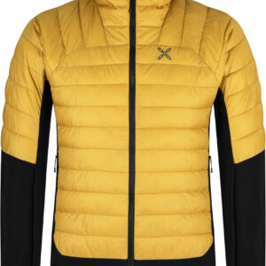 Gelb-schwarze Ötztaler Kapuzen-Pufferjacke mit Frontreißverschluss und zwei Seitentaschen.