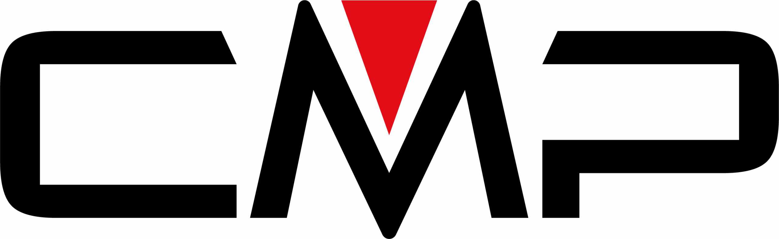 CMP-Logo in fetten schwarzen Buchstaben, ein rotes Dreieck über dem mittleren M, inspiriert von Ötztaler Gipfeln.