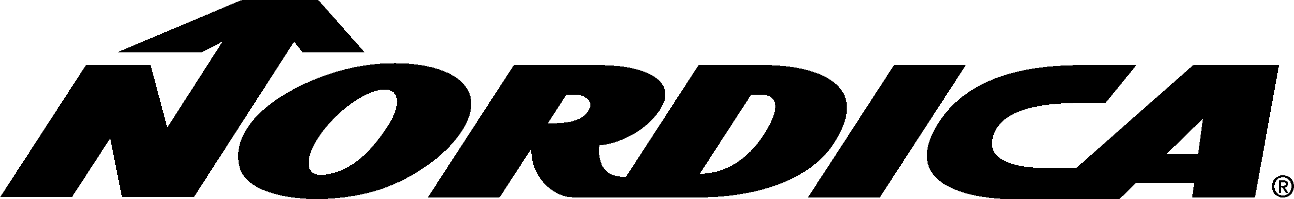 Nordica-Logo in fetten schwarzen Buchstaben mit einem Pfeil nach oben auf dem Buchstaben N, inspiriert vom Ötztal.