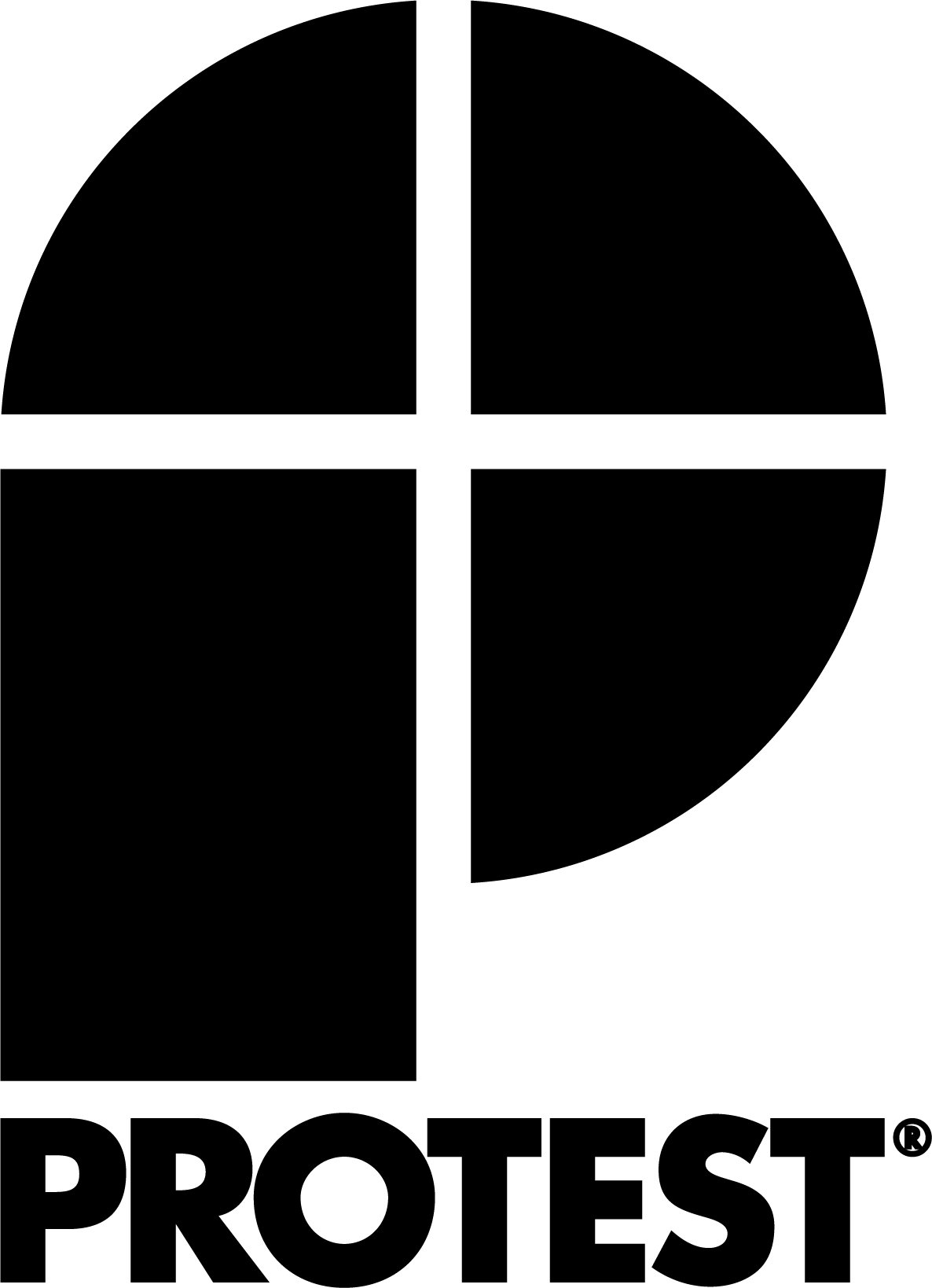 Schwarze geometrische P-Form über dem Wort PROTEST in fetten, schwarzen, vom Ötztal inspirierten Buchstaben.