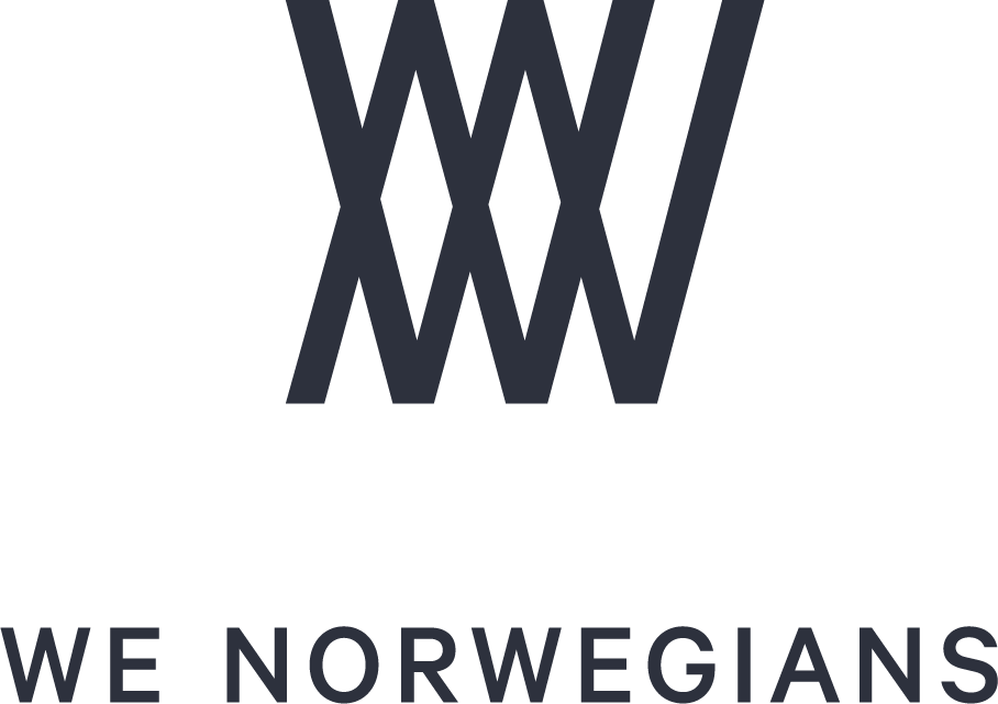 Schwarzes geometrisches WN-Logo über dem Text WE NORWEGIANS, inspiriert vom Ötztaler Design.