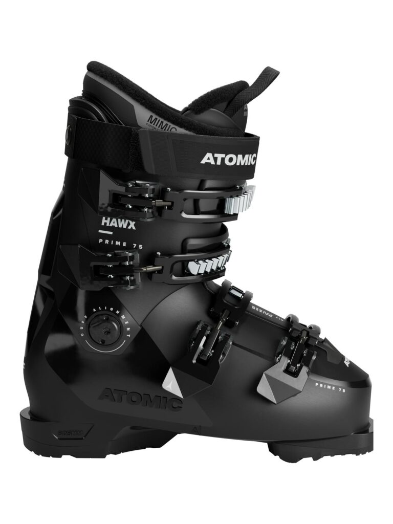Schwarzer Atomic Hawx Prime 75 Skischuh mit mehreren Schnallen, inspiriert vom Ötztaler Design.