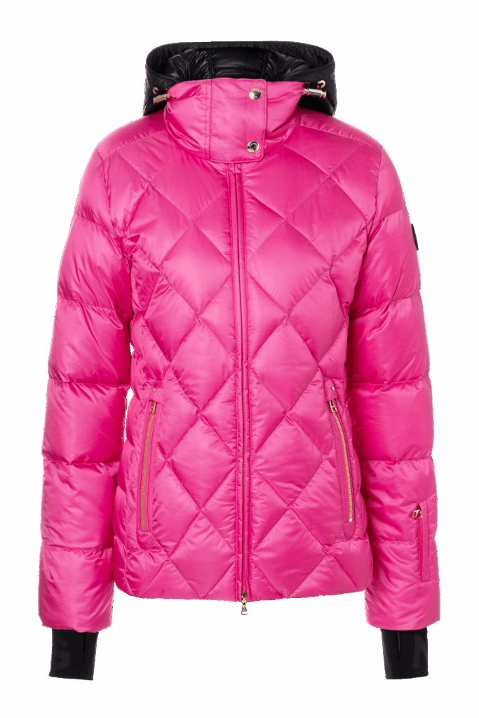Leuchtend rosafarbene Stepp-Pufferjacke mit schwarz gefütterter Kapuze, inspiriert vom Ötztaler Stil.