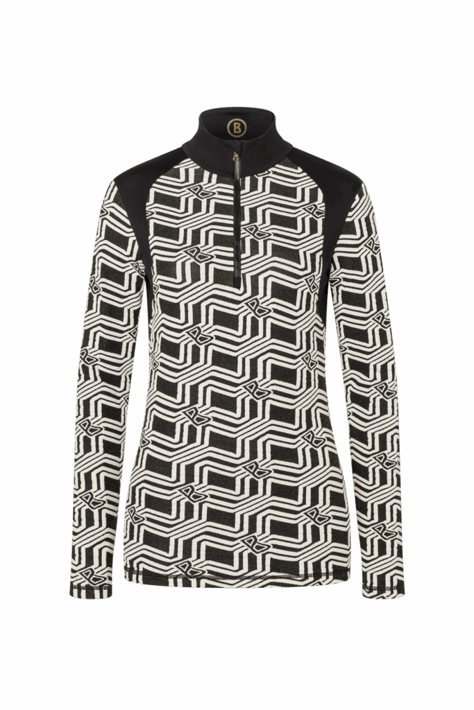 Schwarz-weißes Langarmshirt mit Ötztaler Zickzack-Muster und halbem Reißverschluss vorne.