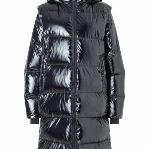 Glänzender schwarzer Ötztaler Puffermantel mit Kapuze und Frontreißverschluss, dargestellt auf weißem Hintergrund.