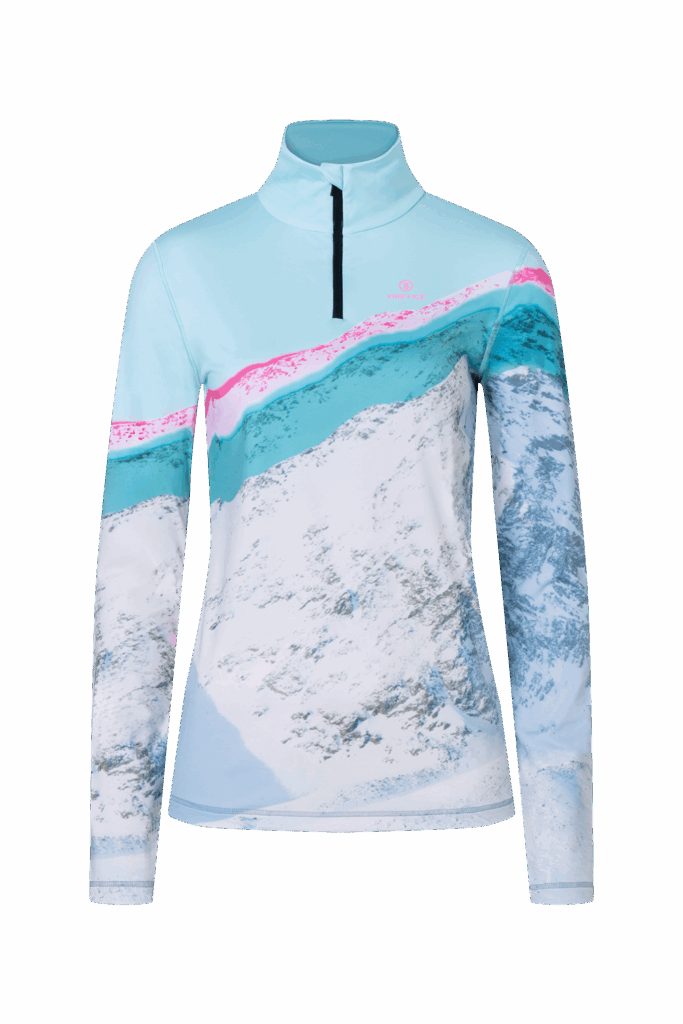 Hellblaues Langarmshirt mit Ötztaler Berg- und Schneedruck und halbem Reißverschluss vorne.