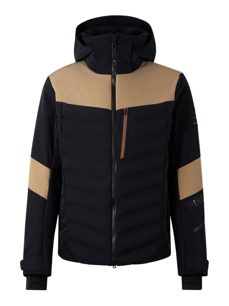 Schwarz-hellbraune Ötztaler Kapuzenjacke mit Frontreißverschluss und Brusttasche mit Reißverschluss.