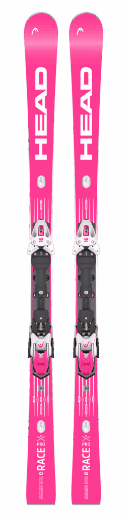 Ein Paar leuchtend pinke HEAD-Ski mit Bindungen und aufgedrucktem Ötztal-Logo auf jedem Ski.