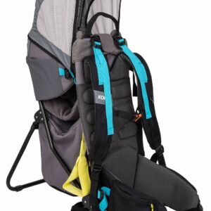 Ötztaler grau-blauer Kindertragerucksack mit Sonnendach und gepolsterten Schultergurten.