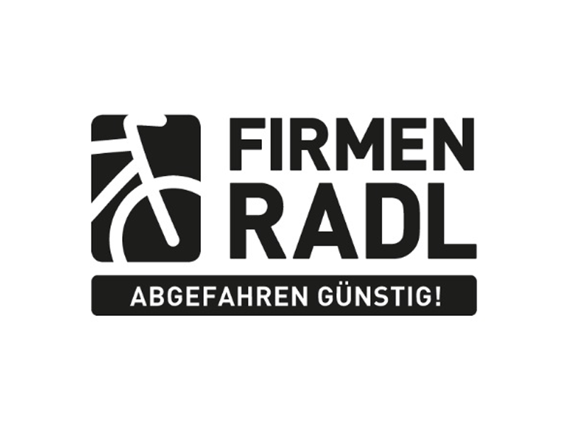Logo mit einer Fahrradgrafik und deutschem Text: Firmenradl Abgefahren Günstig! Ötztaler Flair.