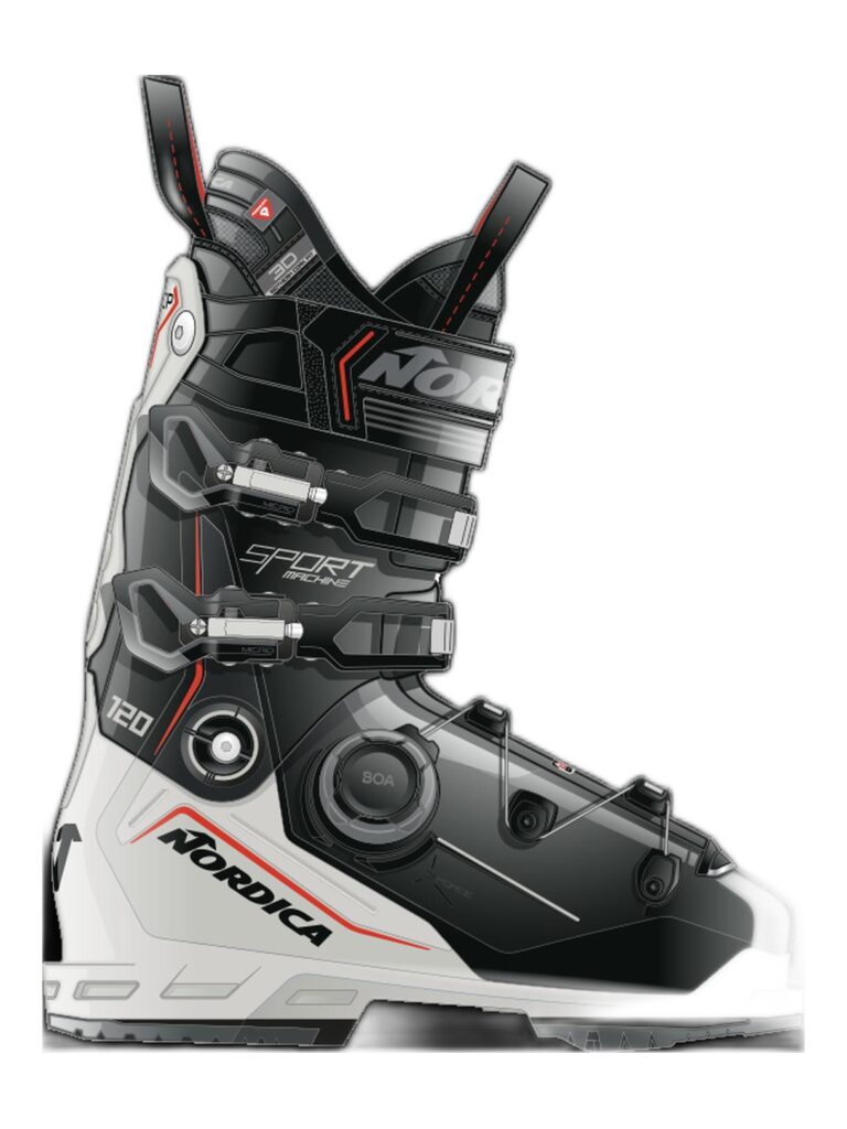 Schwarz-weißer Nordica Skischuh mit roten Akzenten, inspiriert vom Ötztal, Seitenansicht.