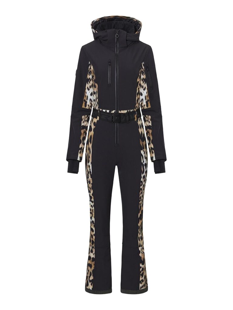 Schwarzer Skianzug mit Leopardenmuster-Akzenten und Taillengürtel, inspiriert vom Ötztaler Stil.