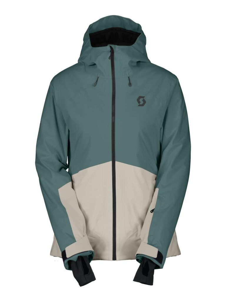 Blaugrüne und beige Kapuzenjacke mit schwarzem Reißverschluss, Ötztal-Logo auf der Brust.