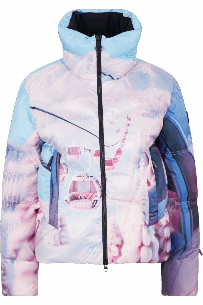 Pastellfarbene, bauschige Jacke mit verschneiten Ötztaler Gondeln und Winterlandschaften auf der Vorderseite.