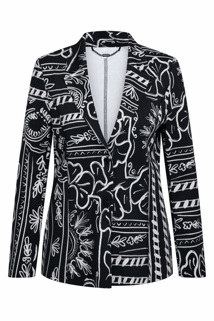 Schwarzer Blazer mit weißen abstrakten und floralen Mustern, inspiriert vom Ötztaler Stil.