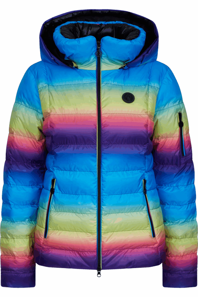 Puffige Ötztaler Jacke mit horizontalen Regenbogenstreifen, Kapuze und Reißverschlusstaschen.