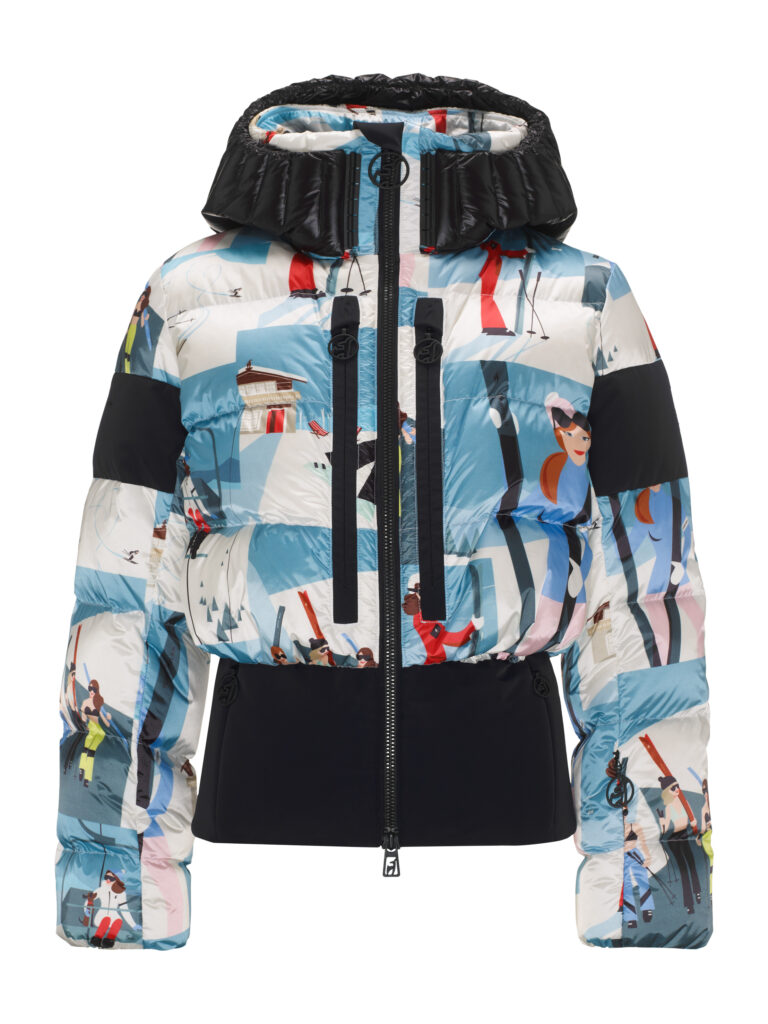 Bunte Ötztaler Pufferjacke mit Skimotiven, schwarzen Akzenten und einer Kapuze.