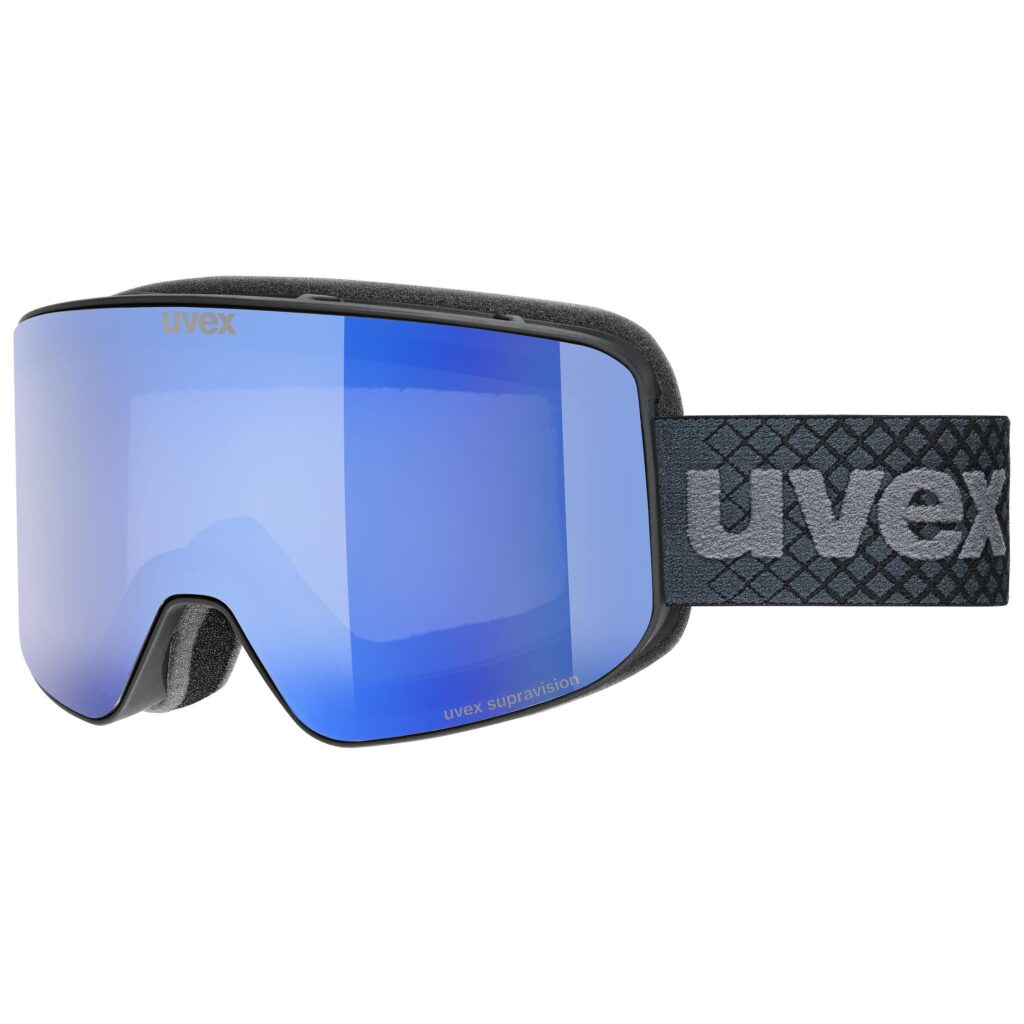 Skibrille mit blauen Gläsern und schwarzem Band, uvex Logo in grauer Schrift, inspiriert vom Ötztaler Stil.