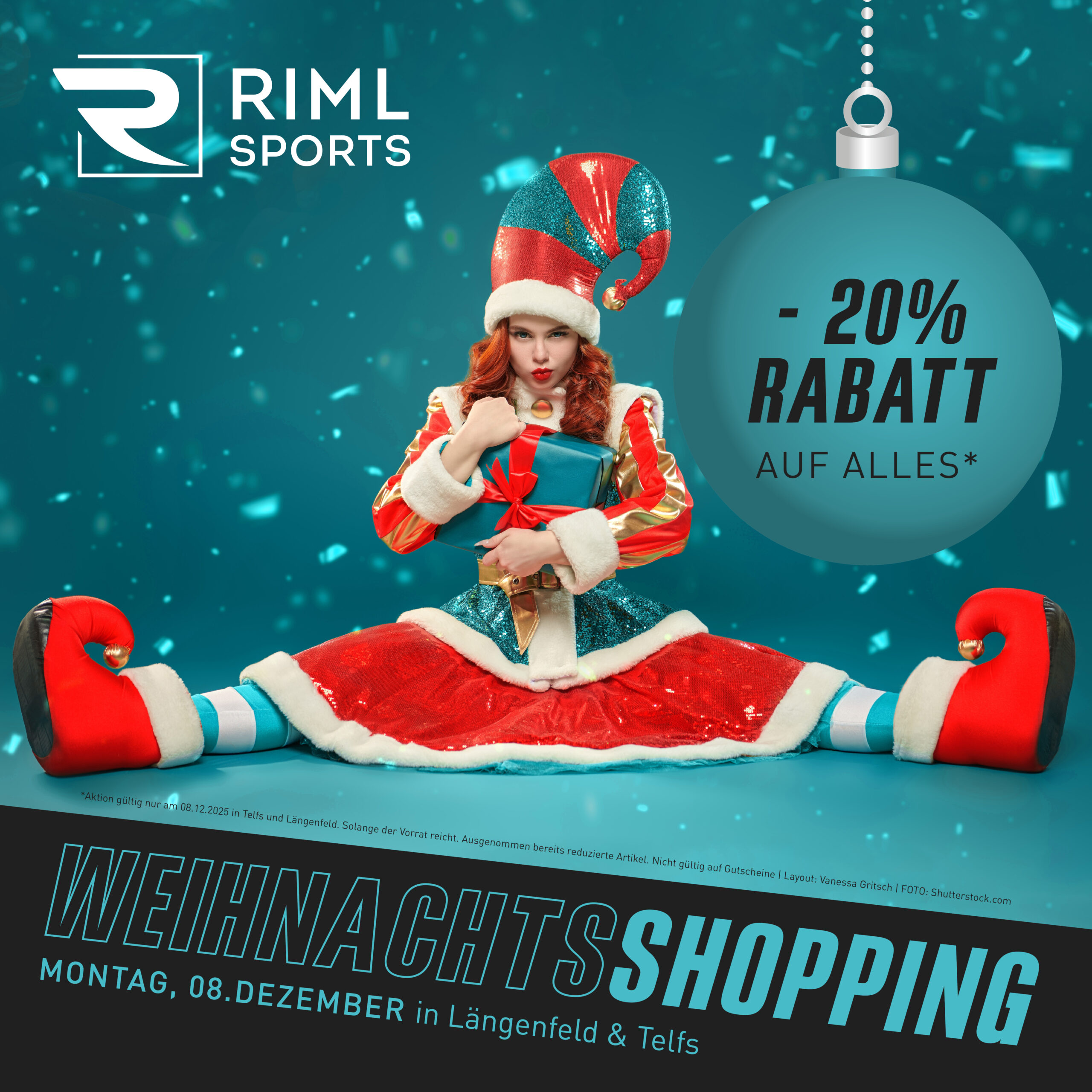 Eine als Elfe verkleidete Frau teilt sich auf einem Geschenkkarton; -20% Rabatt auf Weihnachtseinkäufe bei RIML Sports.