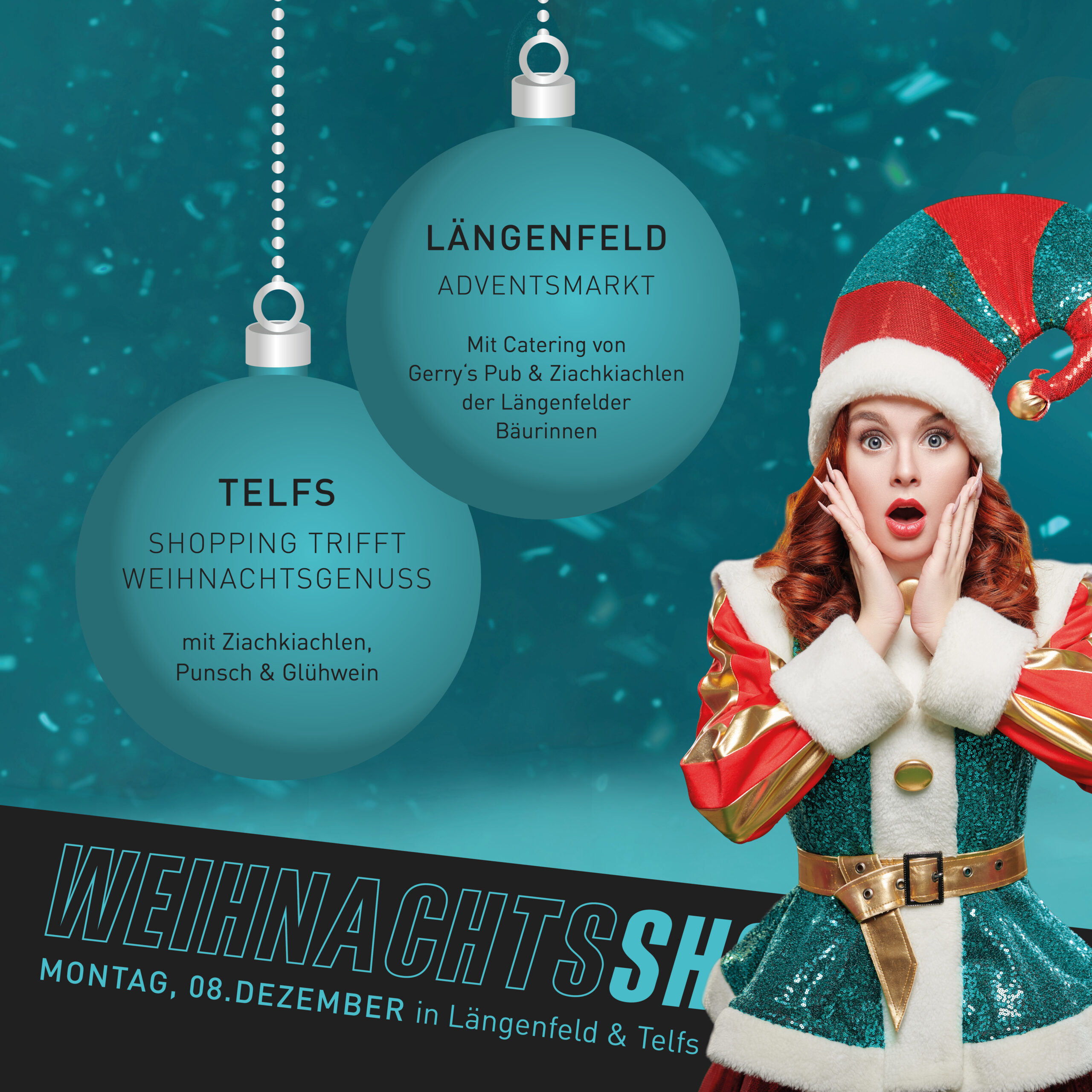 Frau in festlicher Tracht neben Weihnachtskugeln mit Veranstaltungshinweisen auf blauem Hintergrund.