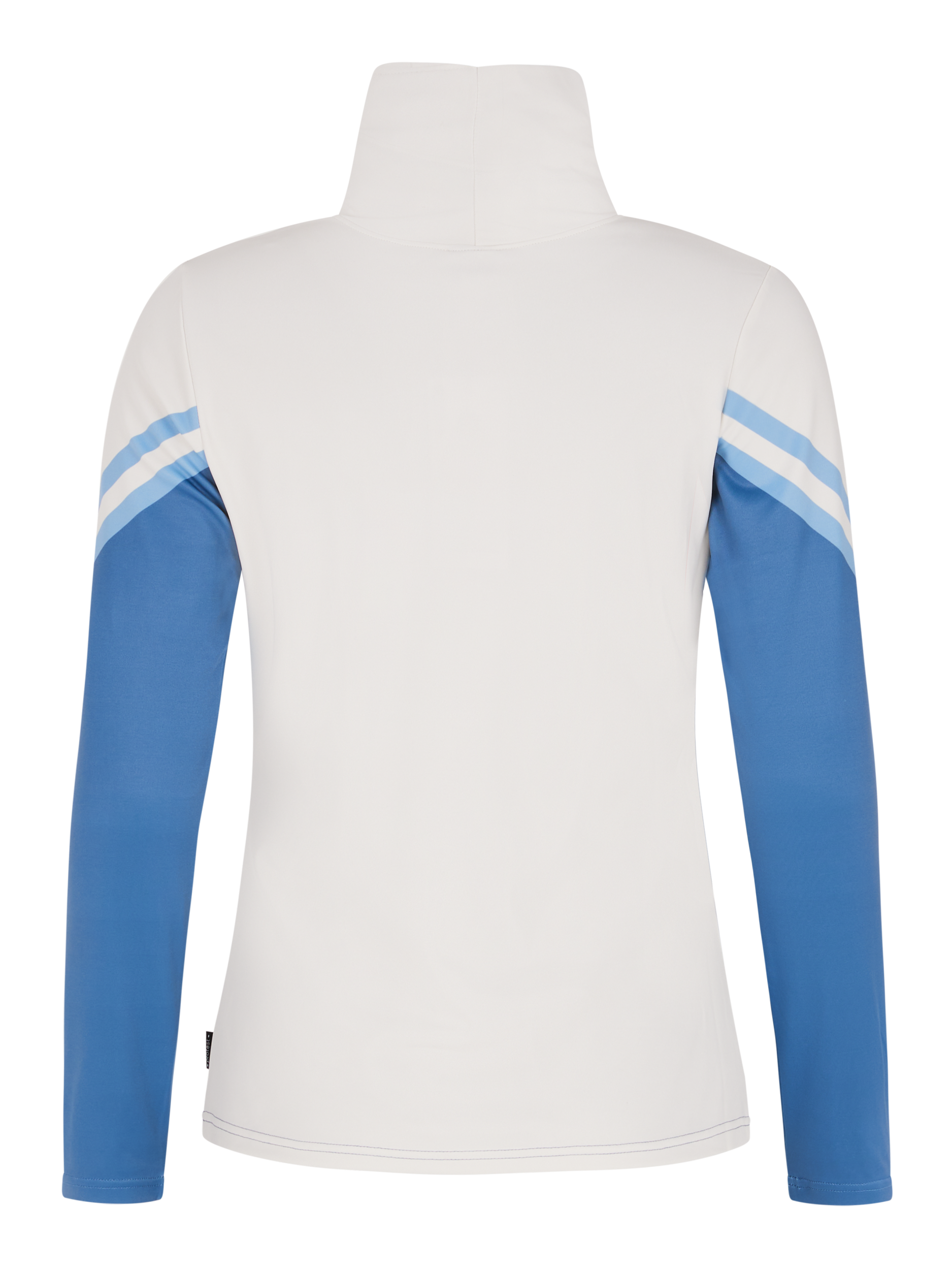 Weiรe Jacke mit blauen langen รrmeln und hellblauen Streifen an den Oberarmen, von hinten gesehen.