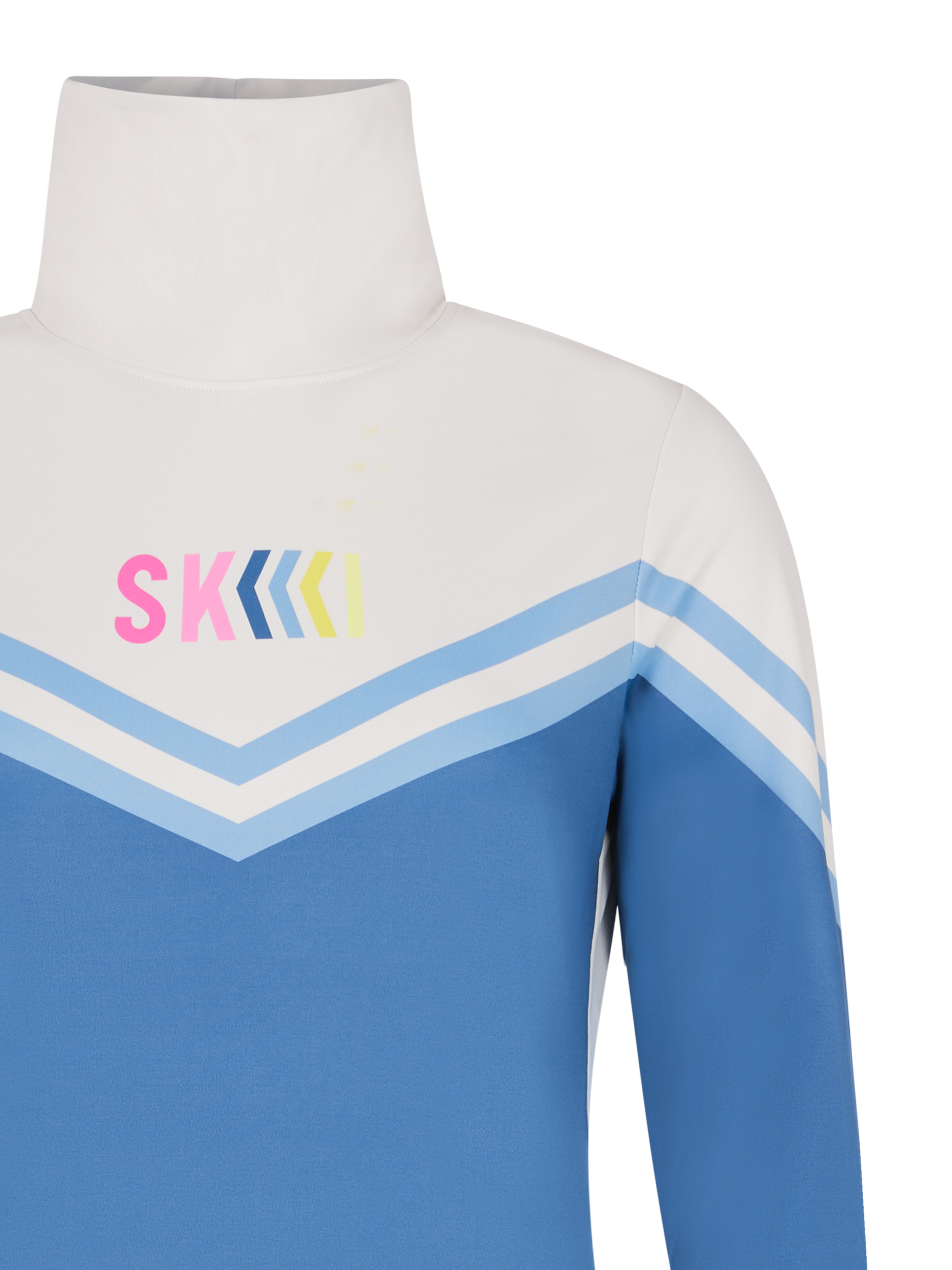 Blau-weiรes hochgeschlossenes Top mit SKI-Schriftzug und Chevron-Streifen auf der Brust.