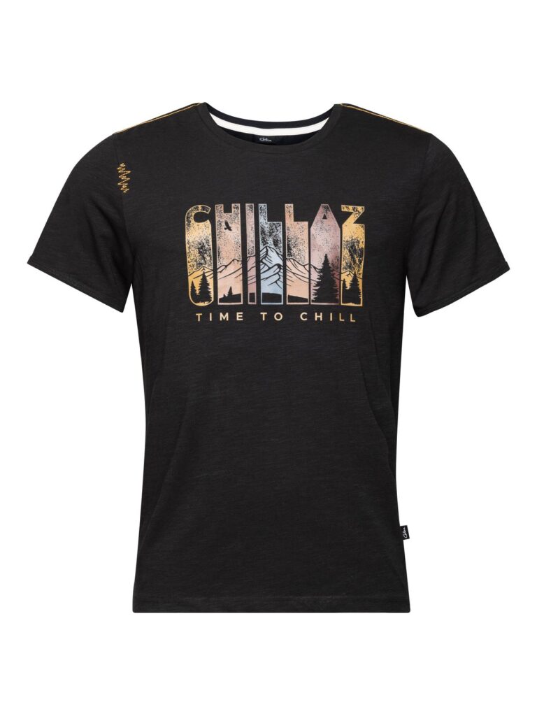 Schwarzes T-Shirt mit dem Text CHILLAZ und TIME TO CHILL, mit Naturgrafiken.