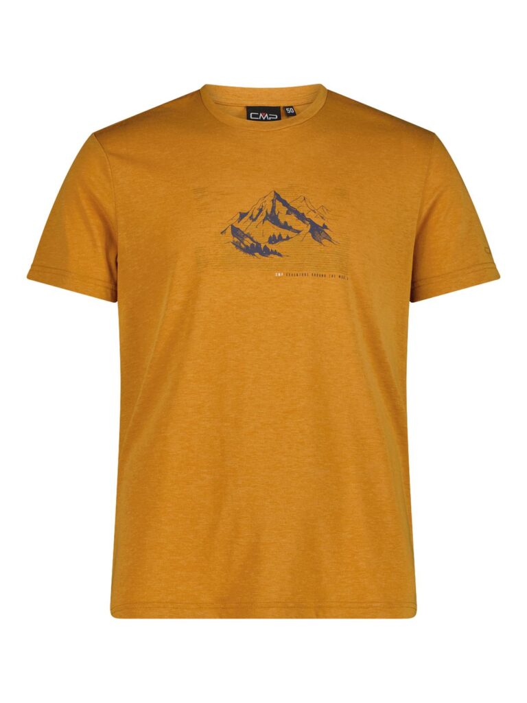 Senfgelbes T-Shirt mit einer einfachen Berggrafik und kurzen Ärmeln auf weißem Hintergrund.