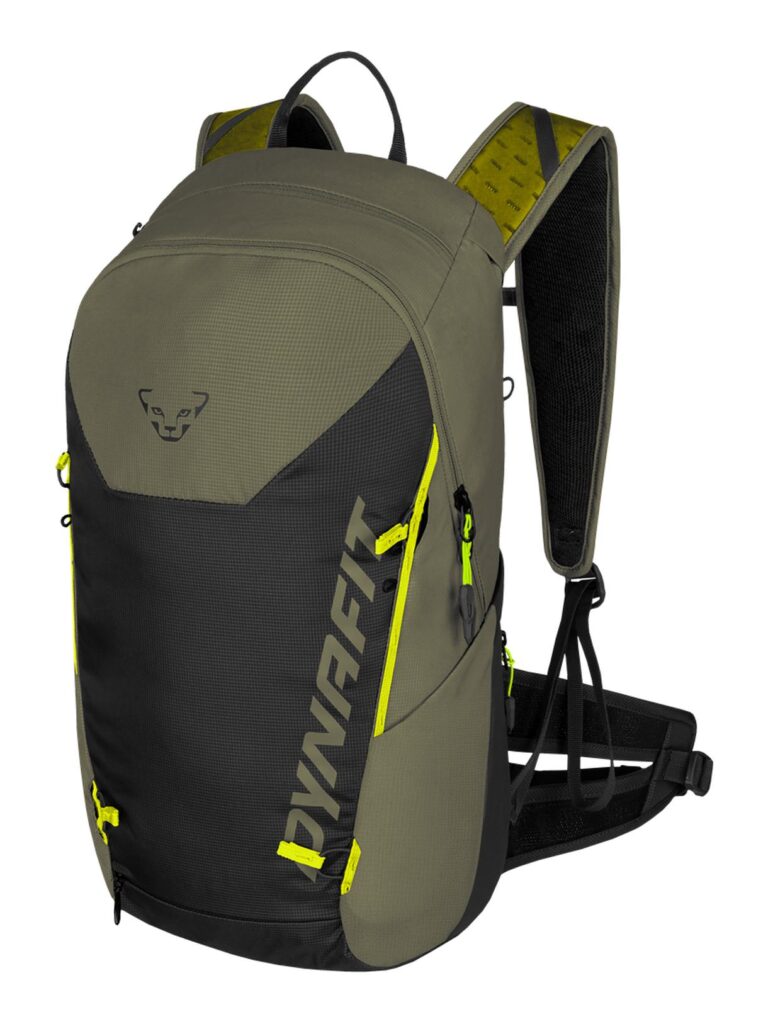 Grauer und schwarzer Dynafit Rucksack mit gelben Reißverschlüssen und gepolsterten Schultergurten.