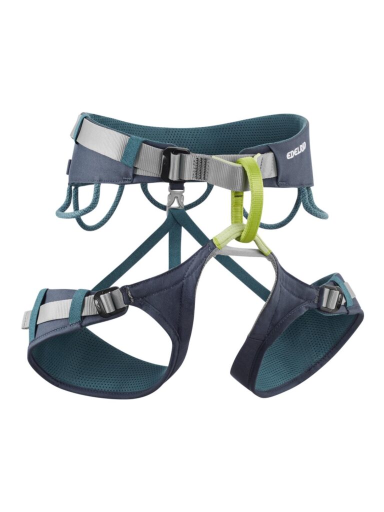 Blau-grauer Klettergurt mit verstellbaren Gurten und Materialschlaufen.