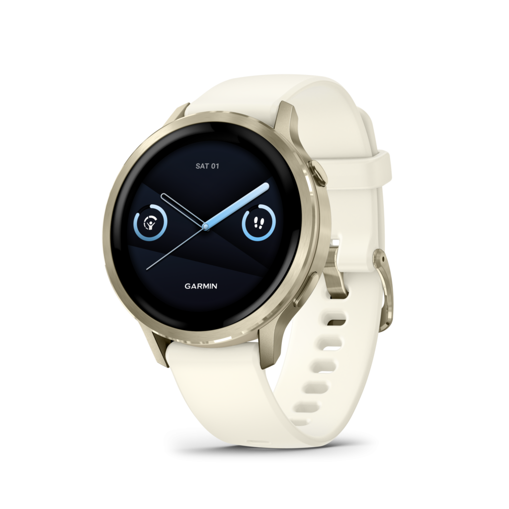 Eine weiße Garmin-Smartwatch mit einem runden Zifferblatt, das die Uhrzeit und Symbole anzeigt.
