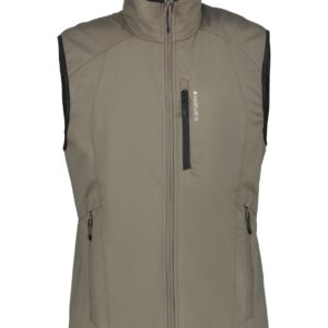 Khakifarbene ärmellose Weste mit hohem Kragen und drei Reißverschlusstaschen auf der Vorderseite.