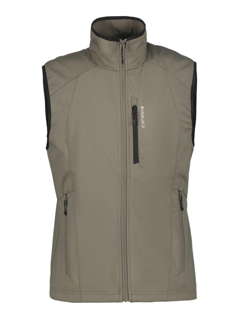 Khakifarbene ärmellose Weste mit hohem Kragen und drei Reißverschlusstaschen auf der Vorderseite.