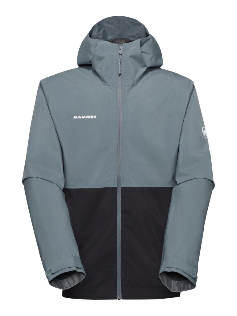 Grau-schwarze Kapuzenjacke von Mammut mit Frontreißverschluss und Logo auf der Brust.