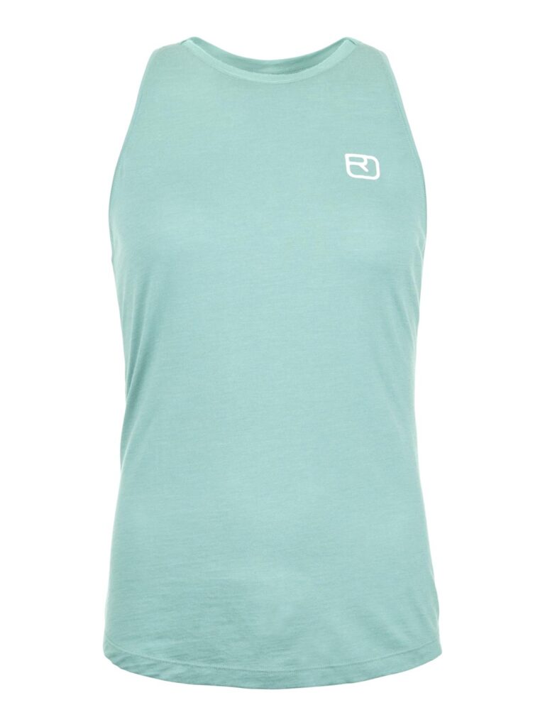 Hellblaues, ärmelloses Tank-Top mit einem kleinen weißen Logo auf der linken oberen Brust.