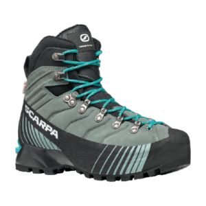Grauer und blaugrüner Wanderschuh mit schwarzer Sohle und türkisfarbenen Schnürsenkeln, SCARPA-Logo an der Seite.
