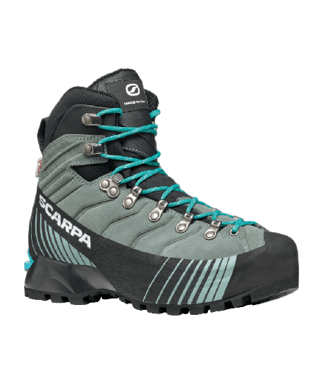 Grauer und blaugrüner Wanderschuh mit schwarzer Sohle und türkisfarbenen Schnürsenkeln, SCARPA-Logo an der Seite.