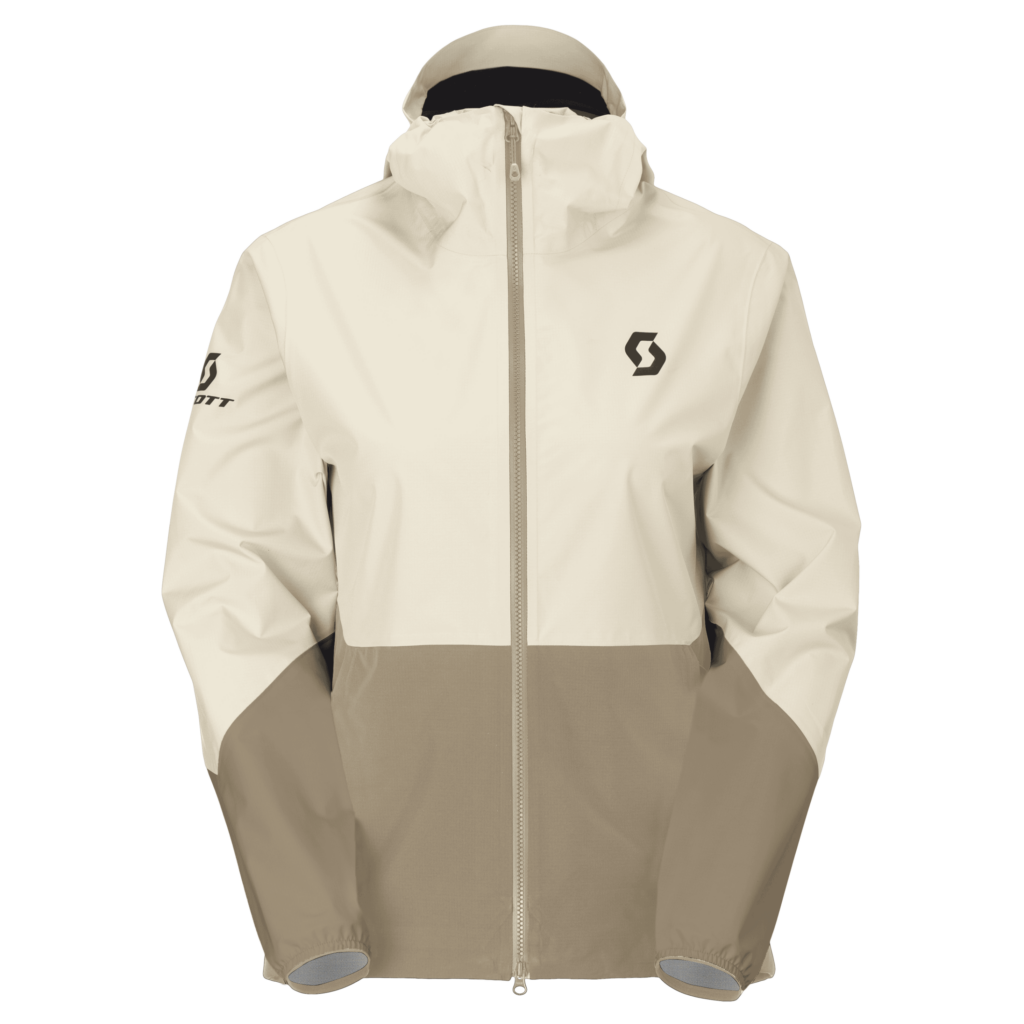 Zweifarbige Jacke mit Reißverschluss in Beige und Creme mit Kapuze und Scott-Logo auf Brust und Ärmel.