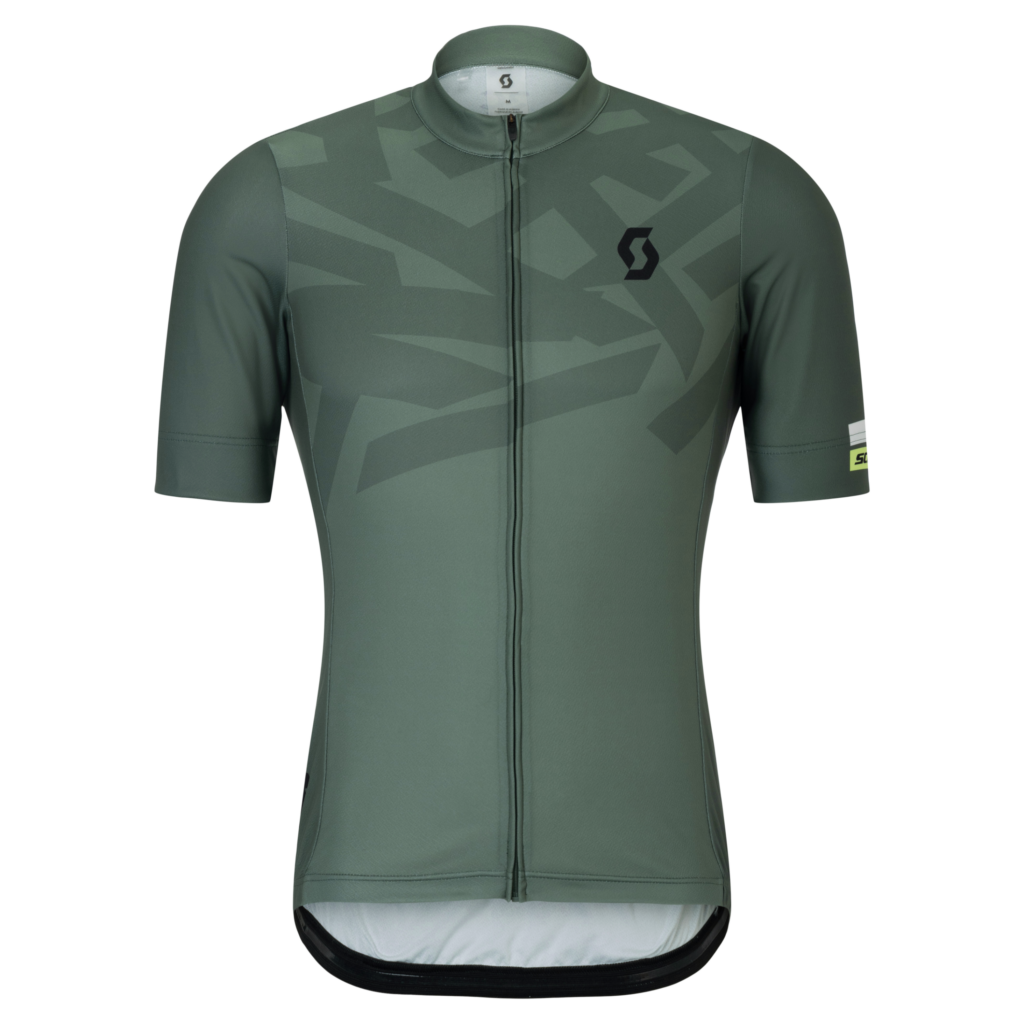 Olivgrünes kurzärmeliges Radtrikot mit Reißverschluss und abstraktem Muster auf der Vorderseite.