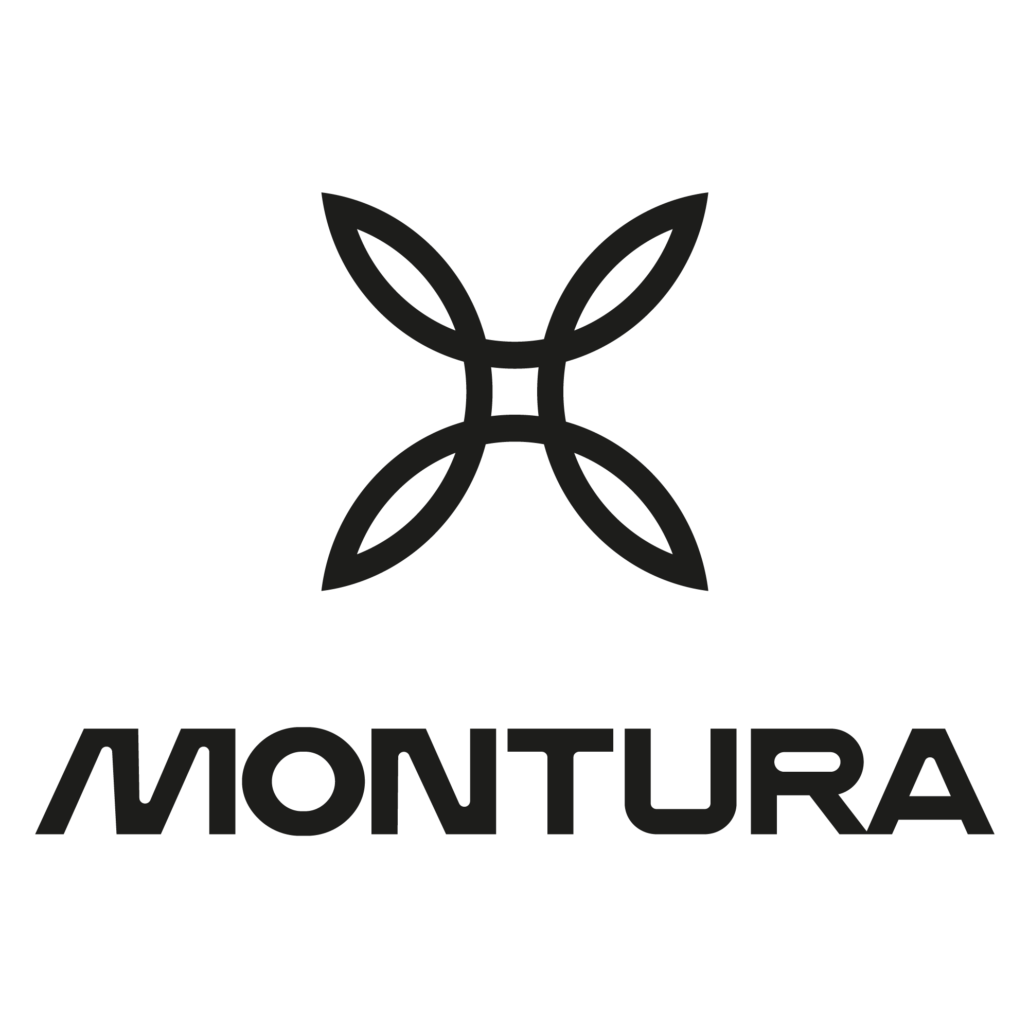 Schwarzes, geometrisches Montura-Logo über dem fettgedruckten Schriftzug „MONTURA“ auf weißem Hintergrund.
